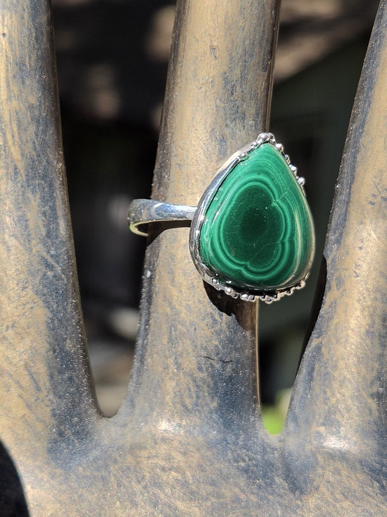 Malachite Natural 24k Sterling & White Gold Ring Sz8 - Picture 6 of 8